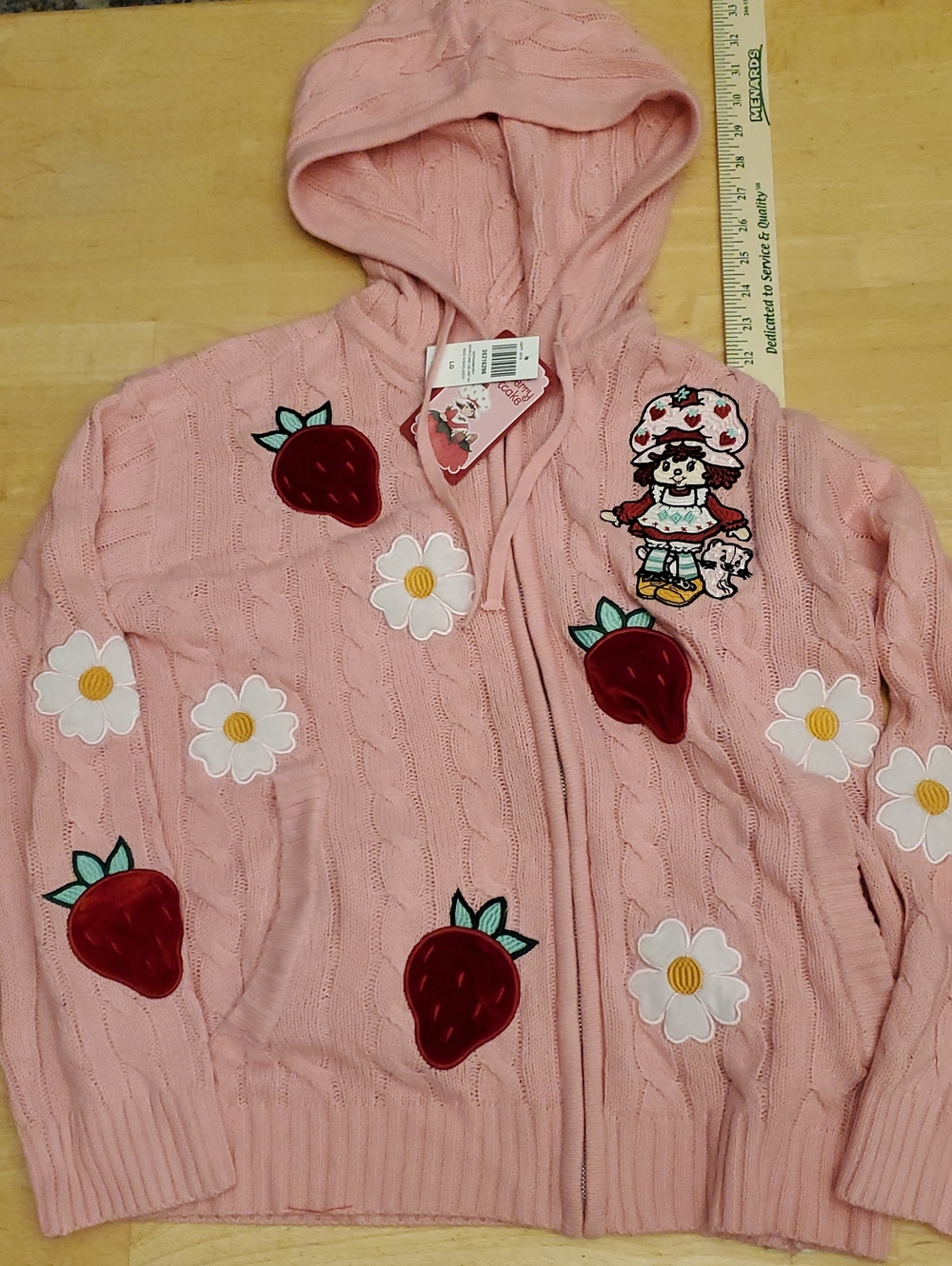 Strawberry Shortcake Pink Hooded Zip Cardigan with Appliques, NWT